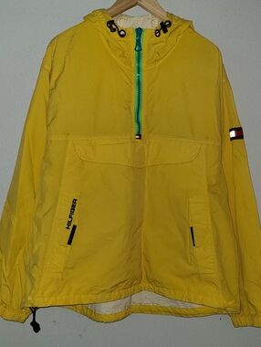 Tommy Hilfiger 90s Yellow Quarter Zip Long Sleeve Light Hooded Jacket Size Large